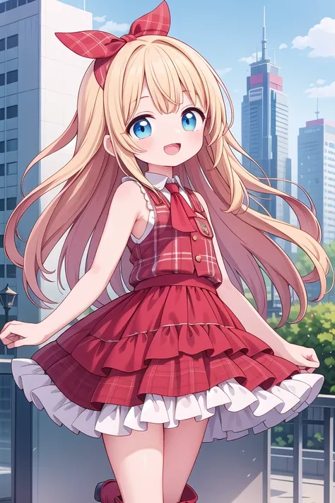 (cleavage:-1.5), insanely detailed, absurdres, ultra-highres, ultra-detailed, best quality,
1girl, solo, nice hands, perfect hands,
BREAK
(Enchant:1.4), (red theme:1.4), ((red plaid pattern, tone on tone):1.4), (idol uniform:1.2), (fusion of sleeveless (red plaid pattern) vest and red sundress:1.4), (red tie:1.4), ((red plaid pattern) multi-layered skirt with ruffles:1.3), ((red:1.3) platform HIGH boots:1.1), (red plaid pattern ribbon on head:1.3)
BREAK
happy smile, laugh, open mouth,
standing,own hands together,
cowboy shot,
BREAK
slender, kawaii, perfect symmetrical face, ultra cute girl, ultra cute face, ultra detailed eyes, ultra detailed hair, ultra cute, ultra beautiful,
BREAK
day, (cityscape in tokyo:1.2), ultra detailed background, blue sky, bay side, panorama view, (evening:-1.5), (night:-1.5),
medium breasts, blonde hair, blue eyes