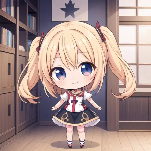 1girl, (chibi:1.4), smile, closed mouth, dynamic angle, standing, , blonde hair, indoors