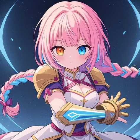masterpiece, high quality, highres, novel illustration, <lora:Goddess[Hard]:0.8> Goddess, Goddess Style, Battle Goddess, Godlike Creature, Godlike, 1girl, solo, armor, knight electricity, glowing, glowing eyes, glowing weapon, fighting stance, (braid:1.2), heterochromia, multicolored hair,