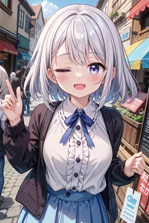 insanely detailed, absurdres, ultra-highres, ultra-detailed, best quality, professional lighting, BREAK
1girl, slender, kawaii, perfect symmetrical face, ultra cute girl, ultra cute face, ultra detailed eyes, ultra detailed hair, ultra cute, ultra beautiful, dynamic pose, BREAK
silver hair, medium hair, purple eyes, <lora:rightwink_v120:1>, one eye closed, wink, happy smile, extremely detailed clothing, overly long sleeves, cardigan, frill skirt, shopping street, paparazzi,