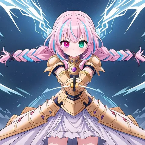 masterpiece, high quality, highres, novel illustration, <lora:Goddess[Hard]:0.8> Goddess, Goddess Style, Battle Goddess, Godlike Creature, Godlike, 1girl, solo, armor, knight electricity, glowing, glowing eyes, glowing weapon, fighting stance, (braid:1.2), heterochromia, multicolored hair,