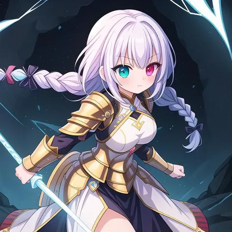masterpiece, high quality, highres, novel illustration, <lora:Goddess[Hard]:0.8> Goddess, Goddess Style, Battle Goddess, Godlike Creature, Godlike, 1girl, solo, armor, knight electricity, glowing, glowing eyes, glowing weapon, fighting stance, (braid:1.2), heterochromia, multicolored hair,