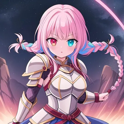 masterpiece, high quality, highres, novel illustration, <lora:Goddess[Hard]:0.8> Goddess, Goddess Style, Battle Goddess, Godlike Creature, Godlike, 1girl, solo, armor, knight electricity, glowing, glowing eyes, glowing weapon, fighting stance, (braid:1.2), heterochromia, multicolored hair,