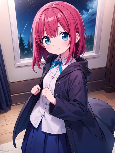 (masterpiece, best quality, photography, official art, professional lighting), long shot, extreme wide shot, from above, BREAK
solo, 1girl, 18yo, skinny, small chest, looking at viewer, red hair, medium hair, ultra detailed eyes, blue eyes, happy smile, closed mouth, witch, dark blue skirt, white shirt, dark blue cloak, BREAK
large window, night sky,