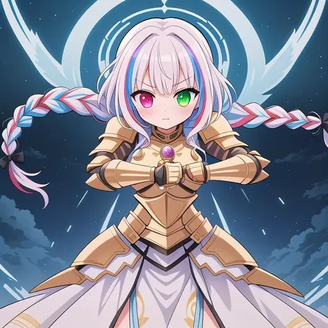 masterpiece, high quality, highres, novel illustration, <lora:Goddess[Hard]:0.8> Goddess, Goddess Style, Battle Goddess, Godlike Creature, Godlike, 1girl, solo, armor, knight electricity, glowing, glowing eyes, glowing weapon, fighting stance, (braid:1.2), heterochromia, multicolored hair,