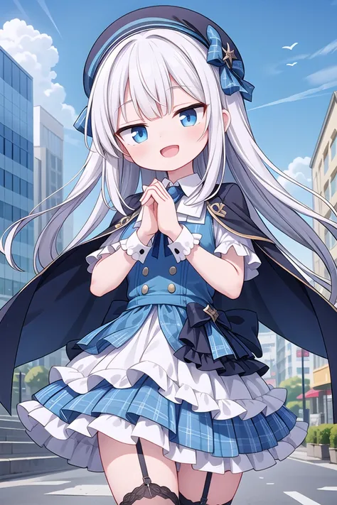 (cleavage:-1.5), insanely detailed, absurdres, ultra-highres, ultra-detailed, best quality,
1girl, solo, nice hands, perfect hands,
BREAK
(gothic drress, Idol costume:1.3), (blue and white theme:1.2), (white blouse:1.4), (white collar, tie:1.3), (open short-cape:1.3), (short sleeve:1.2), (blue tartan-check pattern (ruffle-skirt, multilayer-skirt):1.4), (white basque-beret with ribbon:1.3), (Fishnet stockings:1.3), (glove:1.2), (cleavage:-1.5)
BREAK
happy smile, laugh, open mouth,
standing,own hands together,
cowboy shot,
BREAK
slender, kawaii, perfect symmetrical face, ultra cute girl, ultra cute face, ultra detailed eyes, ultra detailed hair, ultra cute, ultra beautiful,
BREAK
cityscape in tokyo, ultra detailed background, blue sky, bay side, panorama view,
medium breasts, white hair, blue eyes