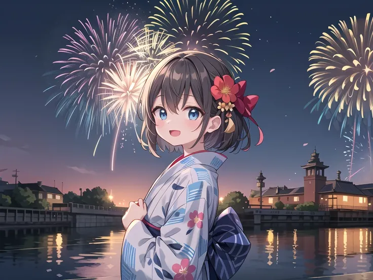 insanely detailed, absurdres, ultra-highres, ultra-detailed, best quality,
1girl, solo, nice hands, perfect hands
BREAK
large breasts, (cleavage:-1.5),
(traditional blue yukata, exquisitely detailed yukata patterns, yukata with many many flower patterns: 1.3)
BREAK
happy smile, laugh, open mouth, standing, upper body, looking at viewer, (holding stick:-1.5)
BREAK
slender, kawaii, perfect symmetrical face, ultra cute girl, ultra cute face, ultra detailed eyes, ultra detailed hair, ultra cute, ultra beautiful
BREAK
(fireworks, rainbow colored fireworks, sky filled with fireworks, many many fireworks, aerial fireworks, firecrackers, many object, a lot of glowing particles, Sparks of seven colors, fireworks fill the screen, Fill the screen, surrounded by fireworks, beautiful detailed fireworks:1.30),
(fireworks fill the screen, surrounded by fireworks, beautiful detailed fireworks:1.3),
BREAK
(at night), festive atmosphere, summer festival vibes, illuminated lanterns, crowded with people, festive decorations, extremely detailed background,
(river side, very wide, panorama view, sense of depth, magnificent view:1.3)
BREAK
(blonde hair:-1), (black:1.3) medium hair, messy hair, (black:1.2) eyes, hair between eyes