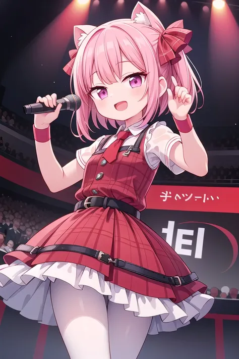 insanely detailed, absurdres, ultra-highres, ultra-detailed, best quality,
1girl, solo, nice hands, perfect hands
BREAK
(Enchant:1.4), (red theme:1.5), ((red plaid pattern, tone on tone):1.4), (idol uniform:1.2), (fusion of sleeveless (red plaid pattern) vest and red sundress:1.4), (red tie:1.4), ((red plaid pattern) multi-layered skirt with ruffles:1.3), ((red:1.3) platform HIGH boots:1.1), (red plaid pattern ribbon on head:1.3)
  BREAK
  (short sleeve white collared-shirt dress layering:1.2), (black pantyhose:1.2), (belt:1.3), (wristband:1.3), (naked skin:-1), (black vest:-1), (white vest:-1), (black skirt:-1), (white skirt:-1), (cleavage:-1.5)
BREAK
happy smile, laugh, open mouth, (standing, singing, dancing, holding microphone:1.4),
,
cute pose, cowboy shot
BREAK
slender, kawaii, perfect symmetrical face, ultra cute girl, ultra cute face, ultra detailed eyes, ultra detailed hair, ultra cute, ultra beautiful
BREAK
indoors, concert hall, idol live, crowded audience
BREAK
medium breasts,
(pink medium hair, pink eyes),