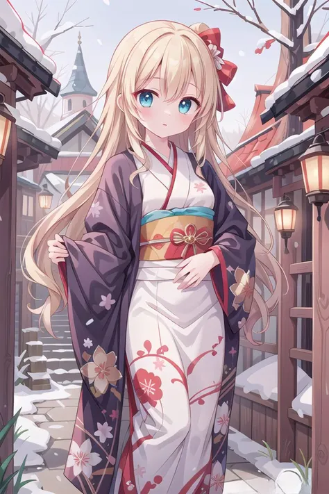 masterpiece, best quality, ultra-detailed, extremely detailed, official art, professional lighting, self shot, solo, 1girl, ultra detailed eyes, aqua eyes, blonde hair, long hair, wavy hair, BREAK
flattered face, furisode, <lora:realistic_kimono_clothes:0.5> ,wearing kimono_clothes, shrine, winter,