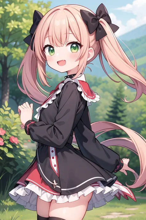 insanely detailed, absurdres, ultra-highres, ultra-detailed, best quality,
1girl, solo, nice hands, perfect hands
BREAK
jirai kei,thighhighs, skirt, twintails, pink skirt, collar, bow, black thighhighs, black bow, long hair, pink bow, hair bow, spiked collar
, (cleavage:-1.5)
BREAK
happy smile, laugh, open mouth
BREAK
from side,
standing, cowboy shot, looking at viewer
BREAK
slender, kawaii, perfect symmetrical face, ultra cute girl, ultra cute face, ultra detailed eyes, ultra detailed hair, ultra cute, ultra beautiful
BREAK
in forest, depth of field, ultra detailed background
BREAK
large breasts
BREAK
(red hair, green eyes), medium hair, hime cut