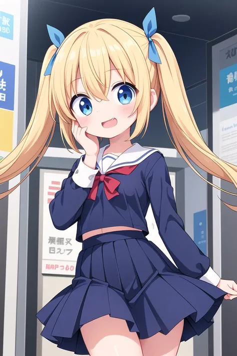 insanely detailed, absurdres, ultra-highres, ultra-detailed, best quality,
1girl, solo, nice hands, perfect hands,
BREAK
(wearing sailor school uniform, dark blue pleated skirt, white shirt),
(;3, smug, open mouth:1.3), fangs
BREAK
standing, hand on own face, 45 angle,
from below, cowboy shot, looking at viewer, tilt head
BREAK
slender, kawaii, perfect symmetrical face, ultra cute girl, ultra cute face, ultra detailed eyes, ultra detailed hair, ultra cute, ultra beautiful
BREAK
in harajuku, shibuya, tokyo, street, crowd, cityscape,
small breasts
BREAK
(gold blonde) hair, (short:1.3) twintails, blue eyes, blue hair ribbon, hair between eyes