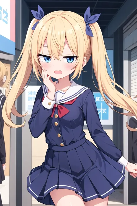 insanely detailed, absurdres, ultra-highres, ultra-detailed, best quality,
1girl, solo, nice hands, perfect hands,
BREAK
(wearing sailor school uniform, dark blue pleated skirt, white shirt),
(;3, smug, open mouth:1.3), fangs
BREAK
standing, hand on own face, 45 angle,
from below, cowboy shot, looking at viewer, tilt head
BREAK
slender, kawaii, perfect symmetrical face, ultra cute girl, ultra cute face, ultra detailed eyes, ultra detailed hair, ultra cute, ultra beautiful
BREAK
in harajuku, shibuya, tokyo, street, crowd, cityscape,
small breasts
BREAK
(gold blonde) hair, (short:1.3) twintails, blue eyes, blue hair ribbon, hair between eyes