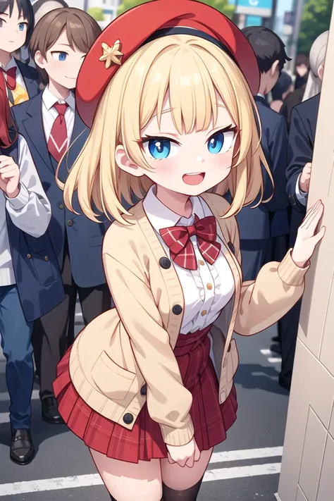 insanely detailed, absurdres, ultra-highres, ultra-detailed, best quality,
1girl, solo, nice hands, perfect hands,
BREAK
(vintage-inspired beret with flower pin:1.3), (navy and red plaid dress:1.5), (golden buttons down the front:1.2), (ivory blouse with ruffle detailing and red bow tie:1.4), (peach cardigan with cable knit pattern:1.3), (black tights:1.1), (red Mary Jane shoes:1.2)
BREAK
happy smile, laugh, open mouth, standing,
45 angle,
cute pose, cowboy shot,
BREAK
slender, kawaii, perfect symmetrical face, ultra cute girl, ultra cute face, ultra detailed eyes, ultra detailed hair, ultra cute, ultra beautiful,
BREAK
in harajuku, shibuya, tokyo, street, crowd, cityscape,
BREAK
medium breasts,
(blonde medium hair, blue eyes),