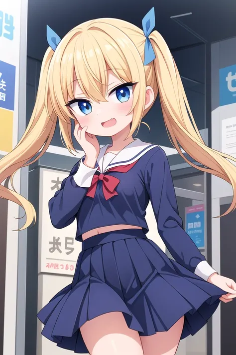 insanely detailed, absurdres, ultra-highres, ultra-detailed, best quality,
1girl, solo, nice hands, perfect hands,
BREAK
(wearing sailor school uniform, dark blue pleated skirt, white shirt),
(;3, smug, open mouth:1.3), fangs
BREAK
standing, hand on own face, 45 angle,
from below, cowboy shot, looking at viewer, tilt head
BREAK
slender, kawaii, perfect symmetrical face, ultra cute girl, ultra cute face, ultra detailed eyes, ultra detailed hair, ultra cute, ultra beautiful
BREAK
in harajuku, shibuya, tokyo, street, crowd, cityscape,
small breasts
BREAK
(gold blonde) hair, (short:1.3) twintails, blue eyes, blue hair ribbon, hair between eyes