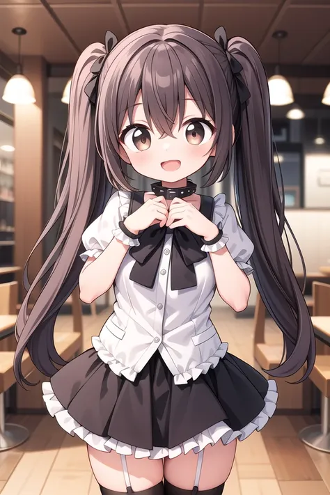 insanely detailed, absurdres, ultra-highres, ultra-detailed, best quality,
1girl, solo, nice hands, perfect hands
BREAK
jirai kei,thighhighs, skirt, twintails, pink skirt, collar, bow, black thighhighs, black bow, long hair, pink bow, hair bow, spiked collar
, (cleavage:-1.5)
BREAK
happy smile, laugh, open mouth
BREAK
45 angle,
standing, cowboy shot, looking at viewer
BREAK
slender, kawaii, perfect symmetrical face, ultra cute girl, ultra cute face, ultra detailed eyes, ultra detailed hair, ultra cute, ultra beautiful
BREAK
in restaurant, depth of field, ultra detailed background
BREAK
medium large breasts
BREAK
brown hair, brown eyes, topknot, hair between eyes