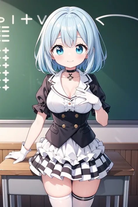 insanely detailed, absurdres, ultra-highres, ultra-detailed, best quality,
1girl, solo, nice hands, perfect hands
BREAK
(a checkered clothes:2.0), (a checkered idol clothes:1.6), (short frill sleeve:1.3), (layered skirt,multilayer-skirt:1.6), (white thigh-high socks:1.4), (white choker,white glove with frill:1.3)
BREAK
happy smile, laugh, closed mouth
BREAK
(45 angle:-1.5), (from side:-1.5),
standing, cowboy shot, looking at viewer
BREAK
slender, kawaii, perfect symmetrical face, ultra cute girl, ultra cute face, ultra detailed eyes, ultra detailed hair, ultra cute, ultra beautiful
BREAK
in classroom, school desk, school chair, chalkboard, depth of field, ultra detailed background
BREAK
medium breasts
BREAK
turquoise blue hair, black eyes, cornrows