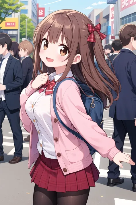 insanely detailed, absurdres, ultra-highres, ultra-detailed, best quality,
1girl, solo, nice hands, perfect hands
BREAK
(School Uniforms:1.2), (pink cardigan is fit body:1.4), ((do up a buttons, not loose):1.5), ((long sleeve, sleeves past wrists):1.2), (inner wear is white collared-shirt:1.3), (red plaid-pattern bow:1.3), (red plaid-pattern pleated skirt:1.3), ((dark-brown pantyhose, loafers):1.2)
BREAK
happy smile, laugh, open mouth, standing,
from side,
cute pose, cowboy shot
BREAK
slender, kawaii, perfect symmetrical face, ultra cute girl, ultra cute face, ultra detailed eyes, ultra detailed hair, ultra cute, ultra beautiful
BREAK
in harajuku, shibuya, tokyo, street, crowd, cityscape
BREAK
medium large breasts,
(brown hair, brown eyes), hime cut