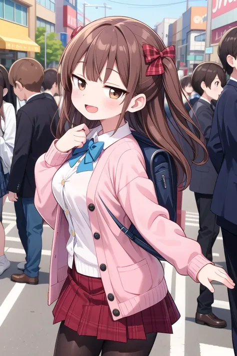 insanely detailed, absurdres, ultra-highres, ultra-detailed, best quality,
1girl, solo, nice hands, perfect hands
BREAK
(School Uniforms:1.2), (pink cardigan is fit body:1.4), ((do up a buttons, not loose):1.5), ((long sleeve, sleeves past wrists):1.2), (inner wear is white collared-shirt:1.3), (red plaid-pattern bow:1.3), (red plaid-pattern pleated skirt:1.3), ((dark-brown pantyhose, loafers):1.2)
BREAK
happy smile, laugh, open mouth, standing,
from side,
cute pose, cowboy shot
BREAK
slender, kawaii, perfect symmetrical face, ultra cute girl, ultra cute face, ultra detailed eyes, ultra detailed hair, ultra cute, ultra beautiful
BREAK
in harajuku, shibuya, tokyo, street, crowd, cityscape
BREAK
medium large breasts,
(brown hair, brown eyes), hime cut
