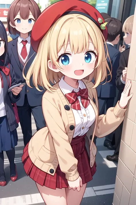 insanely detailed, absurdres, ultra-highres, ultra-detailed, best quality,
1girl, solo, nice hands, perfect hands,
BREAK
(vintage-inspired beret with flower pin:1.3), (navy and red plaid dress:1.5), (golden buttons down the front:1.2), (ivory blouse with ruffle detailing and red bow tie:1.4), (peach cardigan with cable knit pattern:1.3), (black tights:1.1), (red Mary Jane shoes:1.2)
BREAK
happy smile, laugh, open mouth, standing,
45 angle,
cute pose, cowboy shot,
BREAK
slender, kawaii, perfect symmetrical face, ultra cute girl, ultra cute face, ultra detailed eyes, ultra detailed hair, ultra cute, ultra beautiful,
BREAK
in harajuku, shibuya, tokyo, street, crowd, cityscape,
BREAK
medium breasts,
(blonde medium hair, blue eyes),