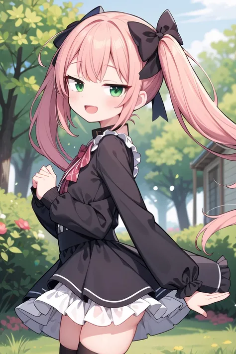 insanely detailed, absurdres, ultra-highres, ultra-detailed, best quality,
1girl, solo, nice hands, perfect hands
BREAK
jirai kei,thighhighs, skirt, twintails, pink skirt, collar, bow, black thighhighs, black bow, long hair, pink bow, hair bow, spiked collar
, (cleavage:-1.5)
BREAK
happy smile, laugh, open mouth
BREAK
from side,
standing, cowboy shot, looking at viewer
BREAK
slender, kawaii, perfect symmetrical face, ultra cute girl, ultra cute face, ultra detailed eyes, ultra detailed hair, ultra cute, ultra beautiful
BREAK
in forest, depth of field, ultra detailed background
BREAK
large breasts
BREAK
(red hair, green eyes), medium hair, hime cut