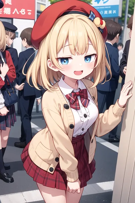 insanely detailed, absurdres, ultra-highres, ultra-detailed, best quality,
1girl, solo, nice hands, perfect hands,
BREAK
(vintage-inspired beret with flower pin:1.3), (navy and red plaid dress:1.5), (golden buttons down the front:1.2), (ivory blouse with ruffle detailing and red bow tie:1.4), (peach cardigan with cable knit pattern:1.3), (black tights:1.1), (red Mary Jane shoes:1.2)
BREAK
happy smile, laugh, open mouth, standing,
45 angle,
cute pose, cowboy shot,
BREAK
slender, kawaii, perfect symmetrical face, ultra cute girl, ultra cute face, ultra detailed eyes, ultra detailed hair, ultra cute, ultra beautiful,
BREAK
in harajuku, shibuya, tokyo, street, crowd, cityscape,
BREAK
medium breasts,
(blonde medium hair, blue eyes),