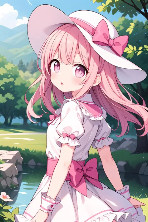 best quality,1girl, solo, nice hands, perfect hands, kawaii, blush, :o, parted lips, white dress, frilled dress, white hat, sun hat, long skirt, layered dress, puffy short sleeves, frilled wrist cuffs, pink eyes, pink hair, long hair, pink collar, pink bow, pink hat bow, pink hat ribbon, girly walking, looking back, upper body, outdoors, wind, flower, forest, path, river, blue sky, cloud, dappled sunlight, blurry background, cinematic lighting