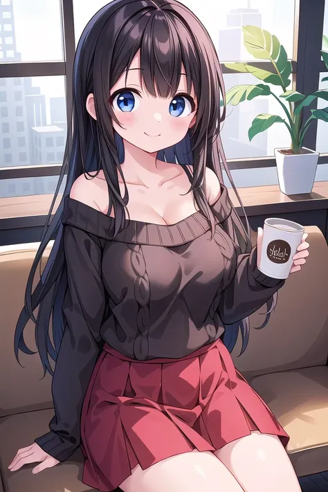 insanely detailed, absurdres, ultra-highres, ultra-detailed, best quality,
1 girl, solo, nice hands, perfect hands,
BREAK
wearing sweater, off shoulder sweater, one piece sweater, sweater with long sleeves, bare shoulder, collarbone, red skirt
BREAK
happy smile, laugh, closed mouth,
sitting, holding coffee cup,
45 angle, cowboy shot, looking at viewer
BREAK
slender, kawaii, perfect symmetrical face, ultra cute girl, ultra cute face, ultra detailed eyes, ultra detailed hair, ultra cute, ultra beautiful,
BREAK
indoors, in coffee shop
BREAK
large breasts, black hair, long hair, black eyes