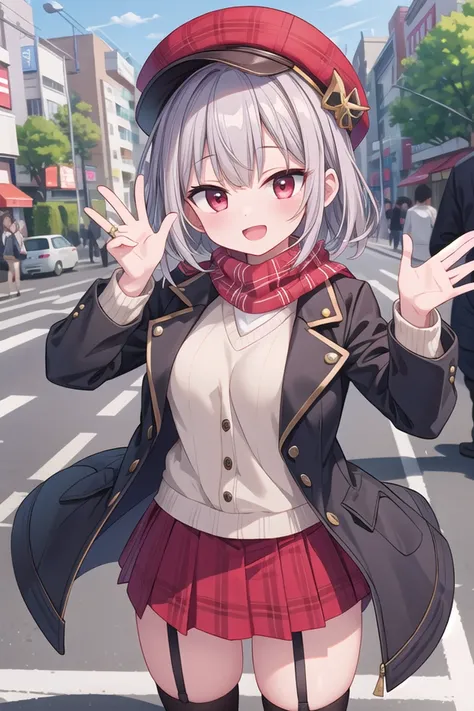insanely detailed, absurdres, ultra-highres, ultra-detailed, best quality,
1girl, solo, nice hands, perfect hands,
BREAK
white boots,( pele hat:1.2), thermal layers, (red Plaid skirt:1.1), sweater,garter ring,
BREAK Scarf,black coat with golden embroidery,coat with open front button,(black knee-high socks:1.3)
BREAK
happy smile, laugh, open mouth, standing,
(45 angle:-1.5), (from side:-1.5),
cute pose, cowboy shot,
BREAK
slender, kawaii, perfect symmetrical face, ultra cute girl, ultra cute face, ultra detailed eyes, ultra detailed hair, ultra cute, ultra beautiful,
BREAK
in harajuku, shibuya, tokyo, street, crowd, cityscape,
BREAK
medium large breasts,
(grey hair, red eyes),
