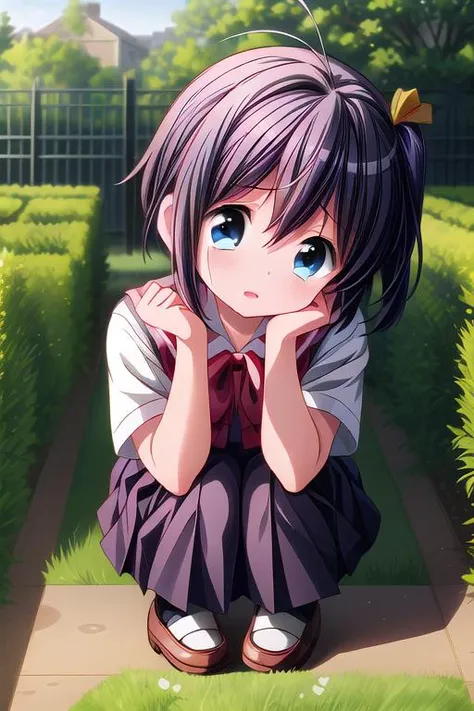 masterpiece,best quality,rikka takanashi,1girl,(ite),school uniform,crouching,school garden,facing at viewer,looking up viewer,close up,(covering head by both hands),tears,<lora:hyperdetailer_v080:0.9> <lora:rikka-chu2byo:0.7>