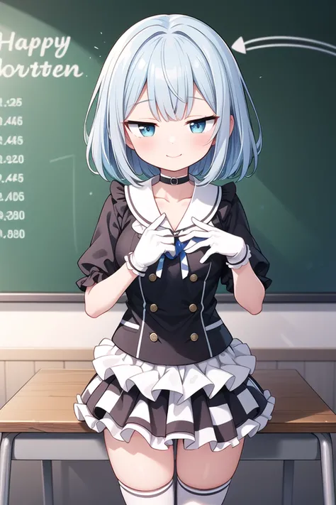 insanely detailed, absurdres, ultra-highres, ultra-detailed, best quality,
1girl, solo, nice hands, perfect hands
BREAK
(a checkered clothes:2.0), (a checkered idol clothes:1.6), (short frill sleeve:1.3), (layered skirt,multilayer-skirt:1.6), (white thigh-high socks:1.4), (white choker,white glove with frill:1.3)
BREAK
happy smile, laugh, closed mouth
BREAK
(45 angle:-1.5), (from side:-1.5),
standing, cowboy shot, looking at viewer
BREAK
slender, kawaii, perfect symmetrical face, ultra cute girl, ultra cute face, ultra detailed eyes, ultra detailed hair, ultra cute, ultra beautiful
BREAK
in classroom, school desk, school chair, chalkboard, depth of field, ultra detailed background
BREAK
medium breasts
BREAK
turquoise blue hair, black eyes, cornrows