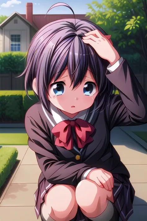 masterpiece,best quality,rikka takanashi,1girl,(ite),school uniform,crouching,school garden,facing at viewer,looking up viewer,close up,(covering head by hand),tears,<lora:hyperdetailer_v080:0.9> <lora:rikka-chu2byo:0.7>