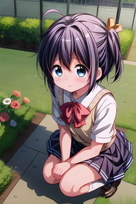 masterpiece,best quality,rikka takanashi,1girl,(ite),school uniform,crouching,school garden,facing at viewer,looking up viewer,close up,(covering self head by both hands),tears,<lora:hyperdetailer_v080:0.9> <lora:rikka-chu2byo:0.6>