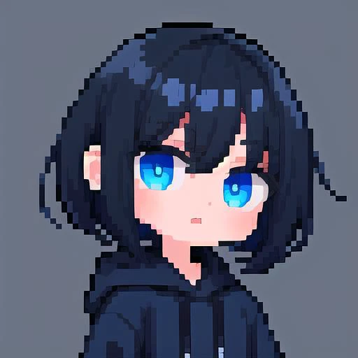 pixel_art, 1girl, black_hair, short_hair, blue_hoodie, blue_eyes