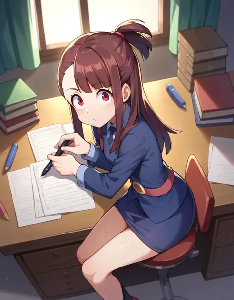 score_9, score_8_up, score_7_up, BREAK , 1girl, solo, sitting, desk, writing, from side, holding pen, from above,
kagari_atsuko, red eyes, little witch academia,