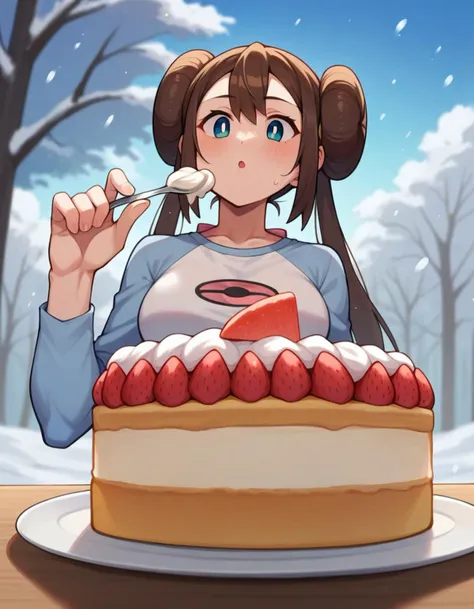 score_9, score_8_up, score_7_up, BREAK , 1girl, rosa_\(pokemon\), brown hair , solo, upper body, plate , cake slice, whipped cream, strawberry, holding spoon , table , looking down,from below , outdoors, snow, snowing,