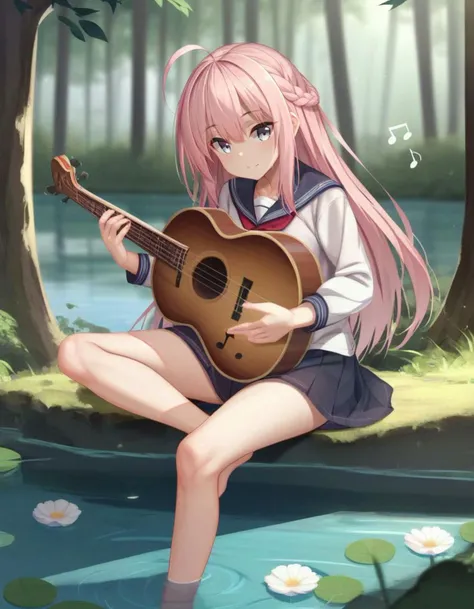 score_9,score_8_up,score_7_up, emc , silver eyes, , pink hair, long hair, ahoge, braid, solo, playing instrument, sitting , one outstretched leg, musical note, in a forest , trees , lake ,