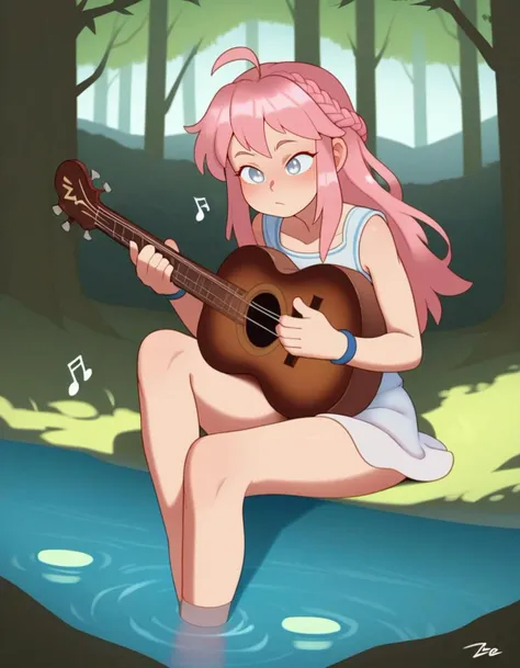 score_9,score_8_up,score_7_up, (csz) BREAK , silver eyes, , pink hair, long hair, ahoge, braid, solo, playing instrument, sitting , one outstretched leg, musical note, in a forest , trees , lake ,