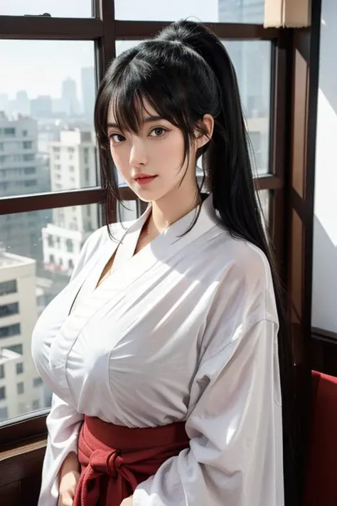 (day),bedroom,high rise apartment, windows,east asian architecture,
dynamic pose, 
red_Hakama with white_kimono,japanese clothes,
<lora:Shiramine_Kuou_Angel_Academy-KK77-V2:0.7>,
Black eyes, Black hair,bangs, Long_hair, High ponytail,
,<lora:more_details:0.1>,
1 girl, 20yo,Young female,Beautiful long legs,Beautiful body,
Beautiful Nose,Beautiful character design, perfect eyes, perfect face,expressive eyes,perfect balance,
looking at viewer,closed mouth, (innocent_big_eyes:1.0),(Light_Smile:0.3),
official art,extremely detailed CG unity 8k wallpaper, perfect lighting,Colorful, Bright_Front_face_Lighting,White skin,
(masterpiece:1.0),(best_quality:1.0), ultra high res,4K,ultra-detailed,
photography, 8K, HDR, highres, absurdres:1.2, Kodak portra 400, film grain, blurry background, bokeh:1.2, lens flare, (vibrant_color:1.2),professional photograph,
(Beautiful,huge_Breasts:1.4), (beautiful_face:1.5),(narrow_waist),