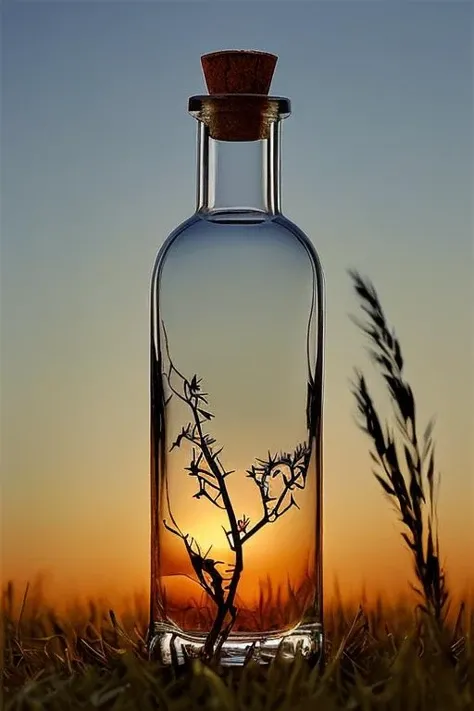 (masterpiece:1.2), photography a small glass bottle with a cork
BRAKE
(small branches inside)
BRAKE
sunrise
BRAKE
the bottle is standing in the tall grass, (silhouetted against the bright sky:1.2),  <lora:Glass_Bottle_v1_LORA:0.8>