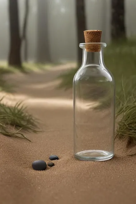(masterpiece:1.2), photography a small glass bottle with a cork, the bottle stands on a path in the forest (sand, dry sand, grass, pebbles), (overcast flat lighting:1.2), <lora:Glass_Bottle_v1_LORA:0.3>