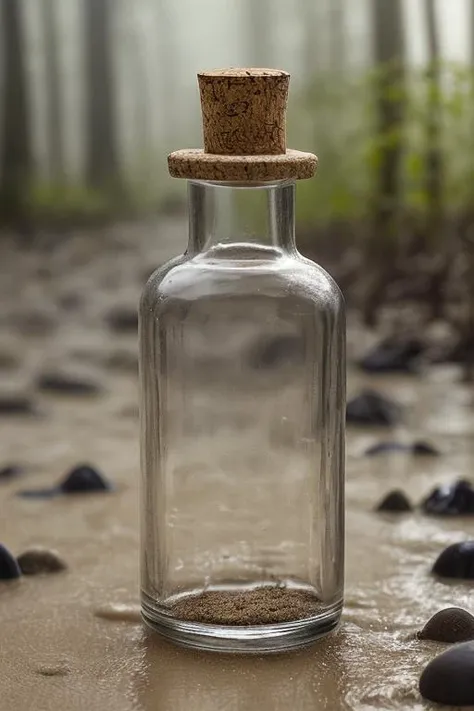 (masterpiece:1.2), photography a small glass bottle with a cork, the bottle stands on a path in the forest (sand, wet sand, water, mud, grass, pebbles), (overcast flat lighting:1.2),  <lora:Glass_Bottle_v1_LORA:0.4>