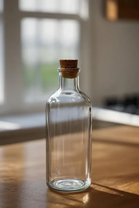 (masterpiece:1.2), photography a small glass bottle with a cork, kitchen, day light, <lora:Glass_Bottle_v1_LORA:0.3>