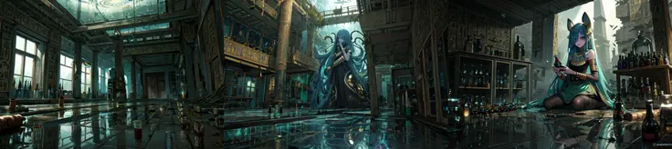 mermaid,(With movie-level CGI, professional quality, 8k resolution, HD, wide-angle lens, lighting style: cellar lighting, Rembrandt, super detailed, and realism) The scene depicts a dark and terrifying underwater setting, primarily featuring a Cthulhu-style beauty lying on top of a water dispenser. Her dark green hair gradually transforms into octopus tentacles, with a ray of sunlight illuminating her face, creating a combination of the Tyndall effect and diffuse reflection. The camera focuses on the girl's facial features. Background: Scattered around are perfectly-shaped robot corpses, while in the distance, gigantic sea serpents and deep-sea fishmen can be faintly seen. A trace of blood rises from the ocean floor amidst the chaotic seaweed.