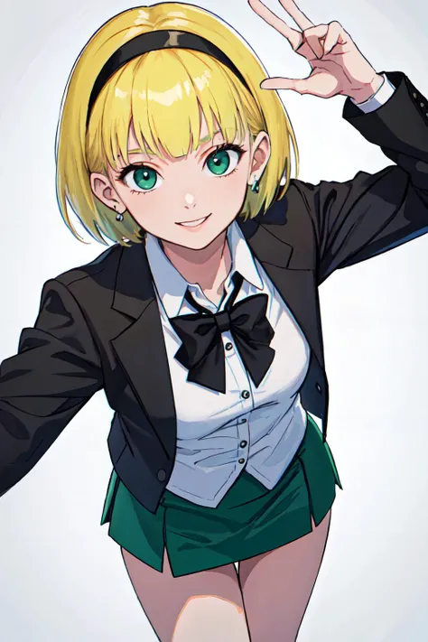 (best quality, masterpiece, RAW photo,ultra-detailed:1.2), <lyco:GoodHands-beta2:1.0>1girl ,looking at viewer, smile,
<lyco:OlgaPataki:0.5>OlgaPataki, short hair, blonde hair, green miniskirt, white shirt, black vest, black hairband, stylish pose,dynamic ungle, from above,