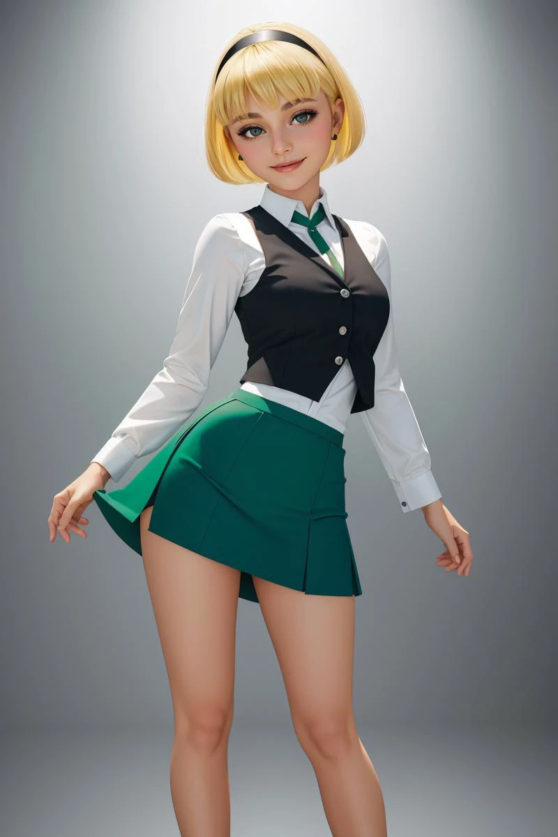 professional full body photo OlgaPataki, smile, short hair, blonde hair, (green miniskirt:1.05), white shirt, black vest, black hairband, solo,
detailed skin, detailed eyes, detailed face,
high quality, volumetric light, highrez, masterpiece, best quality,
<lora:OlgaPataki:0.75:MIDD>