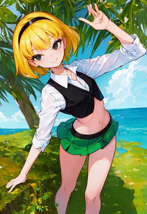 (masterpiece:1.4), (best quality:1.4), (high resolution:1.4), cartoon style, OlgaPataki <lora:OlgaPataki:1>, smile, short hair, blonde hair, green miniskirt, white shirt, black vest, black hairband, low-angle camera, looking at viewer, detailed face, detailed eyes, black eyes, small breasts, tall, slim, wide hips, artstation female body, dynamic pose, solo, 1girl, character focus <lora:add_detail:0.7>