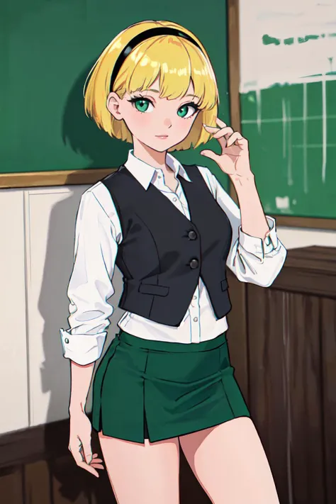 (best quality, masterpiece, RAW photo,ultra-detailed:1.2), <lyco:GoodHands-beta2:1.0>1girl ,looking at viewer, 
 <lyco:OlgaPataki:0.7>OlgaPataki, short hair, blonde hair, green miniskirt, white shirt, black vest, black hairband,