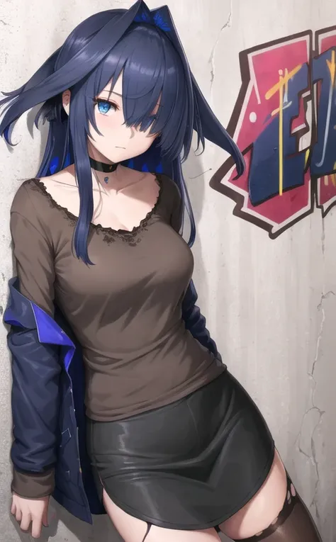 best quality, intricate details, chromatic aberration, 1girl, (kronii:1.3), long hair, navy hair, messy hair, blue highlights, hair over one eye, blue eyes, sharp eyes, choker, brown shirt, torn legwear, open jacket, against wall, brick wall, graffiti, dim lighting, alley <lora:allVtubersLora_hll31:1>