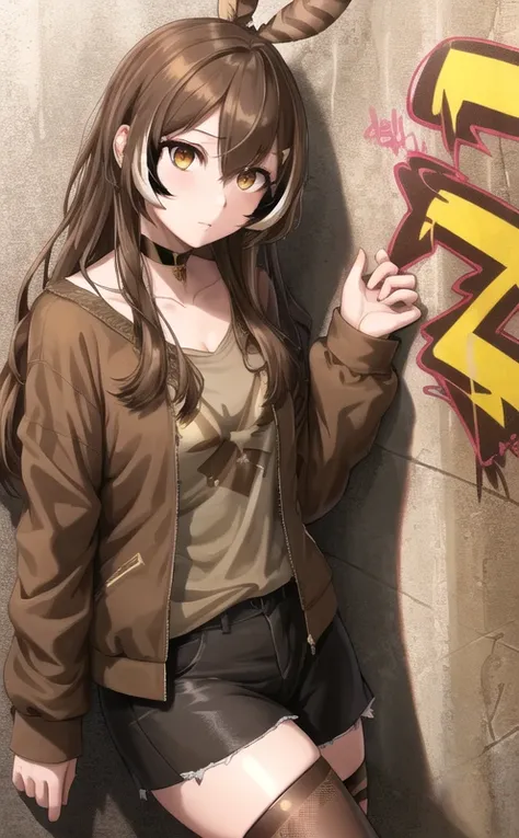 best quality, intricate details, chromatic aberration, 1girl, (mumei:1.3), long hair, brown hair, messy hair, brown highlights, hair over one eye, brown eyes, sharp eyes, choker, brown shirt, torn legwear, open jacket, against wall, brick wall, graffiti, dim lighting, alley <lora:allVtubersLora_hll31:1>
