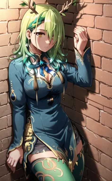 best quality, intricate details, chromatic aberration, 1girl, (ceres fauna:1.3), long hair, green hair, messy hair, green highlights, hair over one eye, sharp eyes, choker, neon shirt, torn legwear, open jacket, against wall, brick wall, graffiti, dim lighting, alley <lora:allVtubersLora_hll31:1>